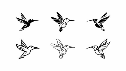 Six stylized hummingbird illustrations in black and white with wings in various positions flying around | eps vectors silhouette