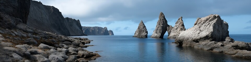 Majestic coastal rock formations against dramatic sky over calm sea waters