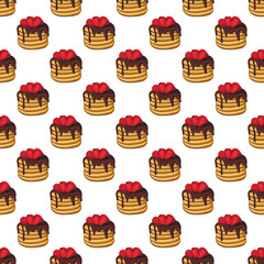 Golden brown pancakes stack topped with fresh raspberry. Seamless pattern isolated on white background