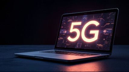 Laptop displaying 5G on dark blue background