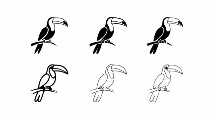 Six toucan illustrations in varying styles perched on branches in a simple black and white design | eps vectors silhouette
