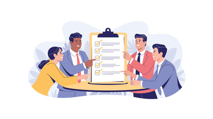 Business Team Reviewing Checklist: Project Management, Teamwork, and Success