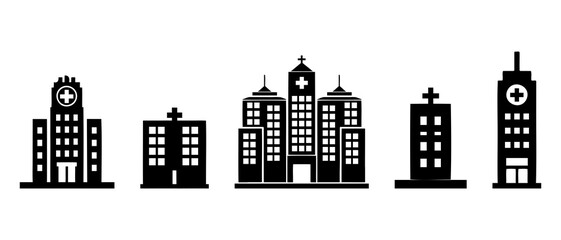 Hospitals Silhouette Black Filled White Background - Vector Illustration Icon.