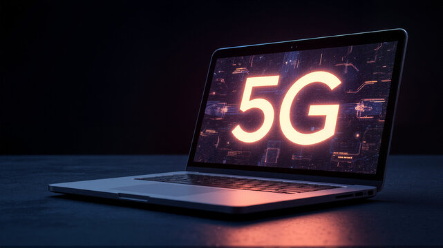 Laptop displaying 5G on dark blue background