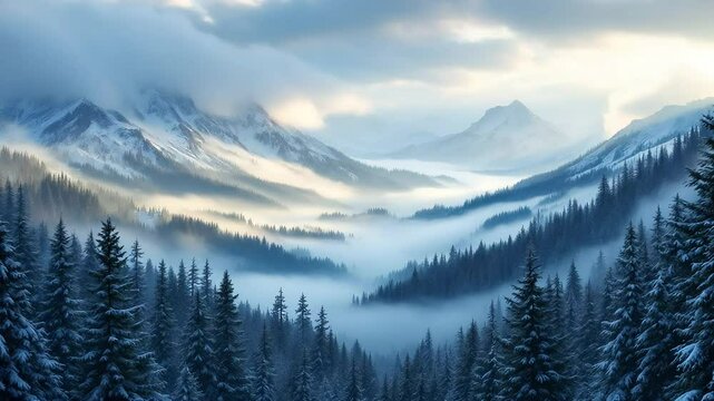 Majestic winter mountains foggy landscape