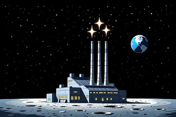 Digital Illustration of a Factory on the Lunar Surface Producing Stars Through Industrial Smokestacks