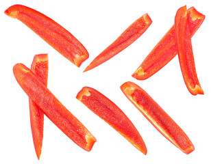 Set of cut ripe red bell pepper slices isolated on a white background, top view. Red paprika.