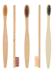 Zero waste bamboo toothbrushes isolated on a white background. Group of eco bamboo toothbrushes.