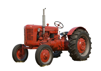 Isolated Vintage Red Tractor with Large Tires
