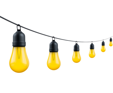 String of yellow hanging light bulbs for party decoration and ambience on transparent background, PNG
