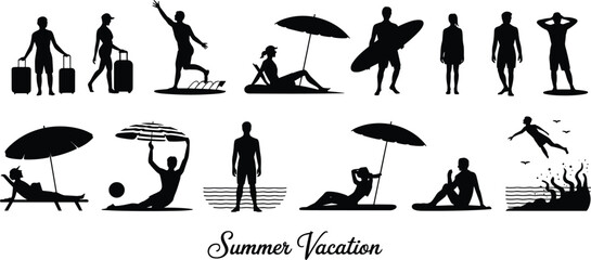 Extensive Summer Vacation People Silhouettes Vector Set, Beach Activities, Travel, Relaxation, Swimming, Sunbathing, and Outdoor Fun Concepts for Holiday Designs