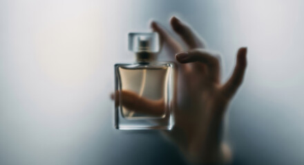 Hand holding a perfume bottle behind frosted glass panel