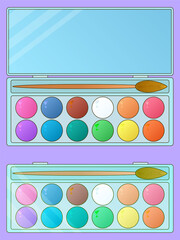 Cartoon colorful watercolor paint set with brushes, school art supplies for kids on purple background. For back to school stationery concept, education visual, educational theme, or classroom decor.