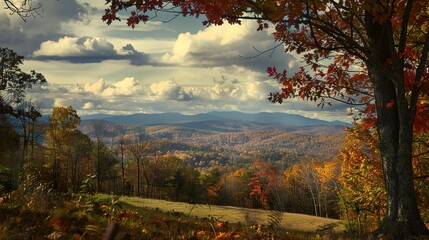 Obraz premium Autumn Mountain Distant View: Unveiling the Serene Tapestry of Seasonal Landscapes, Cultural Symbolism, and Natural Aesthetics in Scenic Overlooks and Panoramic Vistas