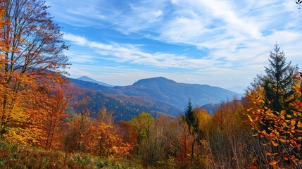 Fototapeta premium Autumn Mountain Distant View: Unveiling the Serene Tapestry of Seasonal Landscapes, Cultural Symbolism, and Natural Aesthetics in Scenic Overlooks and Panoramic Vistas