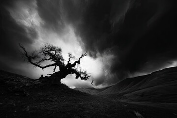A gnarled tree silhouetted against a dramatic sky