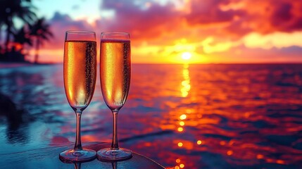 Two glasses with a bottle of champagne on the seashore at sunset. The concept of a romantic meeting. Selective focus.