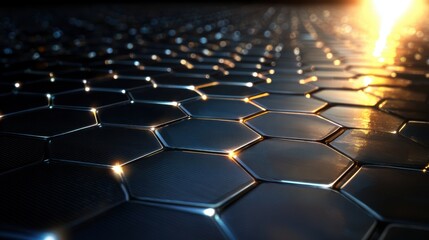 Obraz premium Quantum dots solar panels. Futuristic hexagonal pattern with glowing details and light reflections.