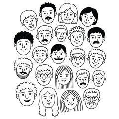 a circular arrangement of diverse hand-drawn doodle faces showcasing expressions, hairstyles, and features