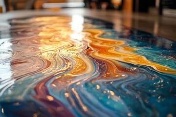 Abstract fluid art acrylic painting with mixing colors, creating swirls of orange, yellow and blue with light reflections