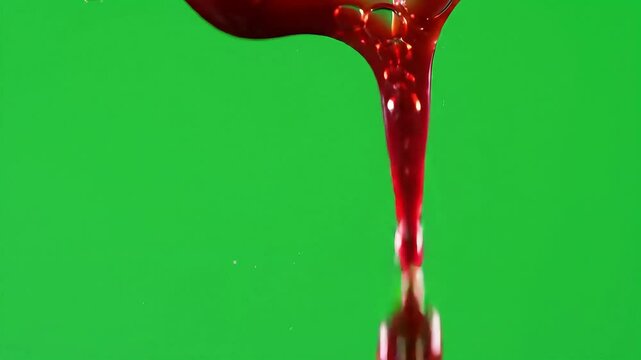 Red liquid dripping downwards on a green screen perfect for effects and compositing