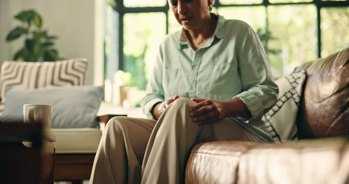 Senior, woman and hands with knee pain, muscle ache or tension for rheumatoid arthritis. Inflammation, osteoporosis or leg injury with circulation issue, joint strain or fibromyalgia swelling in home