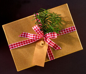 Goldenes Geschenk mit rot weiss karierter Schleife und Tanne, karton gold, 