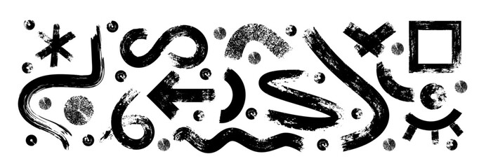 Collection of grunge black paint, ink brush strokes. Brush set isolated on transparent background. Abstract vector elements. Set of basic shapes and childish drawings.