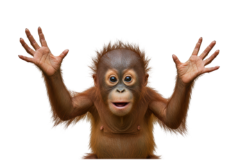 Isolated Baby Orangutan with Arms Raised in Surprise