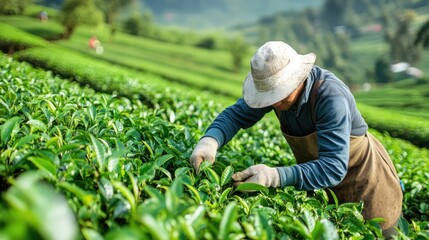Worker picking tea leaves in tea plantation Generative Ai