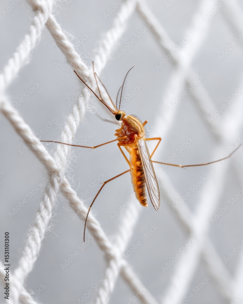 Poster close-up of mosquito on white netting highlighting insect details for pest control and disease preve