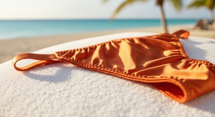 close up of orange bikini bottom laying on white towel at tropical beach during sunny day