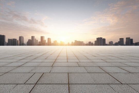 Empty rooftop plaza at sunrise, city skyline - Powered by Adobe