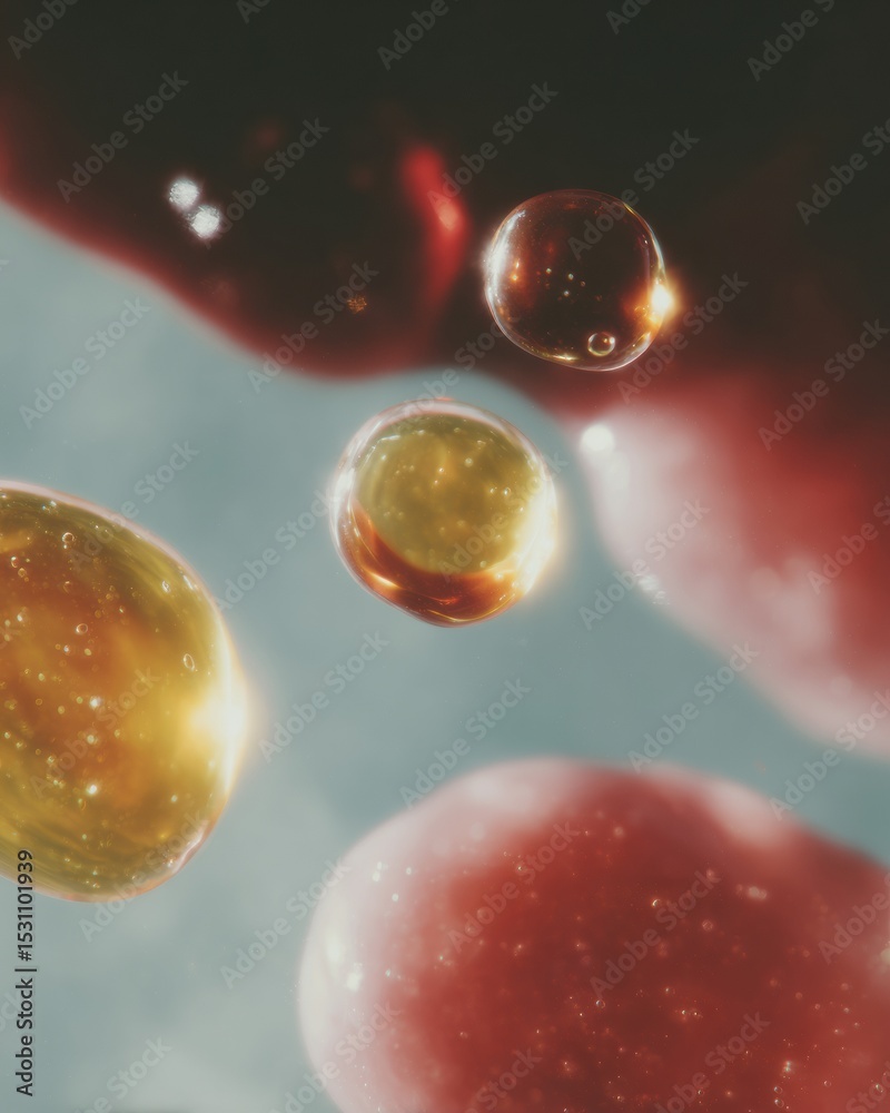 Poster abstract macro shot of glowing liquid droplets with biophilic warm tones and soft focus for modern l