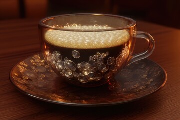 A clear glass coffee cup filled with frothy, dark coffee sits on a decorative saucer