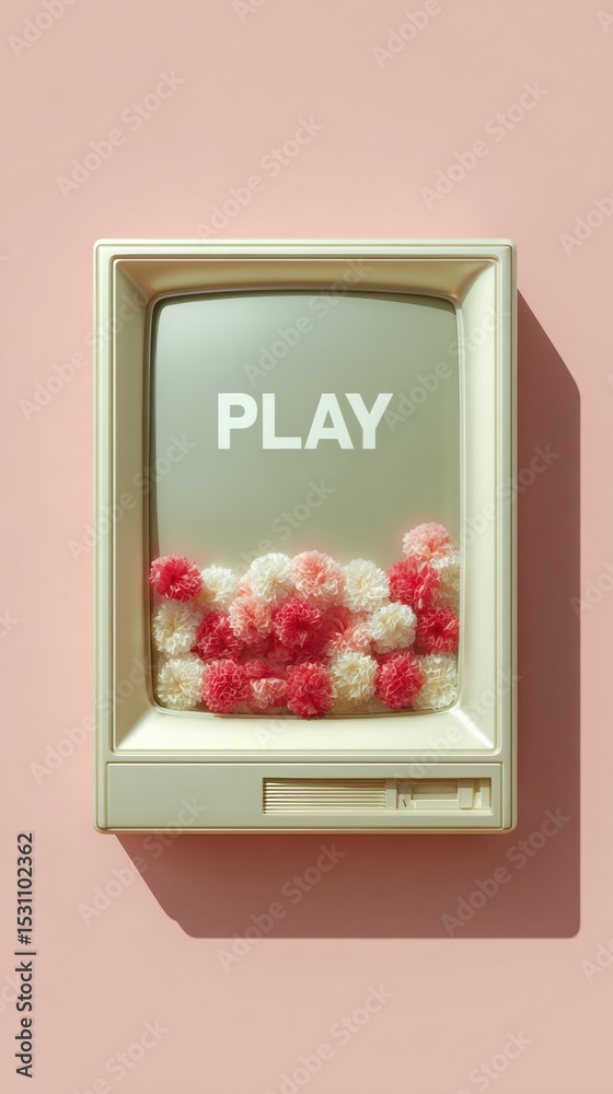 Poster retro tv display with play text and colorful pom poms on soft pink background for nostalgic digital 
