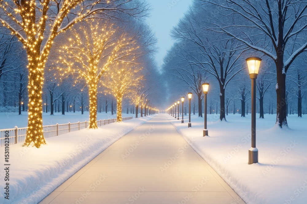 Poster winter park pathway with glowing tree lights and lamp posts creating magical seasonal ambiance in a 
