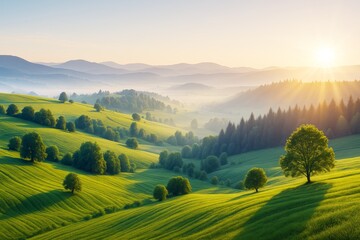 Fototapeta premium Rolling green hills with sunlit trees and misty mountains in the background during sunrise, peaceful nature landscape concept scene.