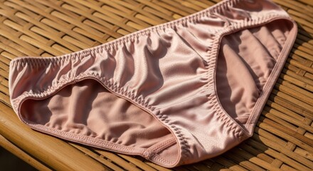 Soft silky pink women's underwear placed on woven wooden surface in natural light