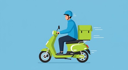 A smiling delivery person wearing a helmet and a green jacket rides a scooter with a large delivery box on the back.