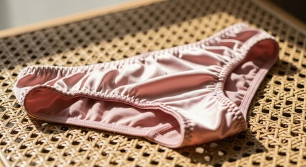 close up of pink satin lingerie underwear on woven rattan chair in natural light