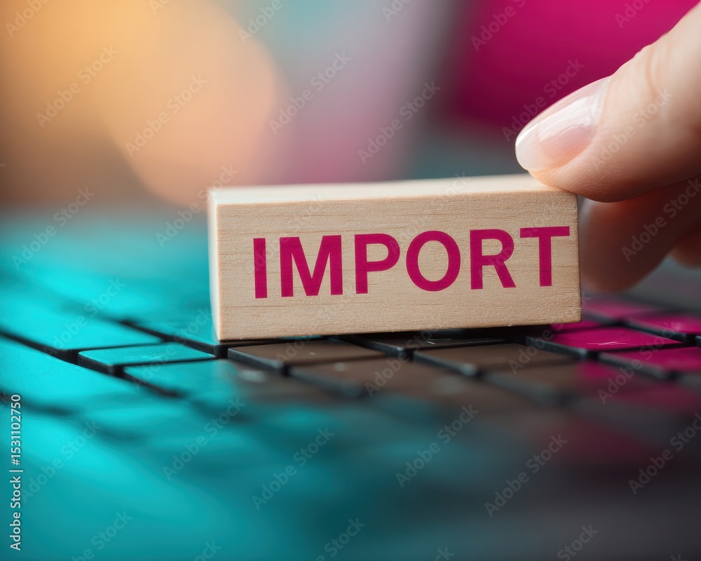 Aufkleber Modern Office Workspace with Wooden Import Stamp on Laptop Keyboard Representing Digital Trade Approval and Efficient E-commerce Processing Concept