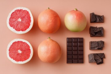 Fresh grapefruit and dark chocolate on peach background
