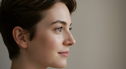 Fototapeta premium Portrait of an elegant young woman with short hair, side view studio shot