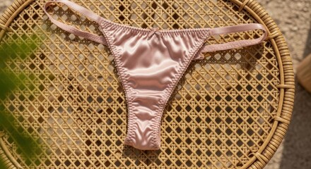 silk pink lingerie thong laid flat on woven rattan surface with natural lighting