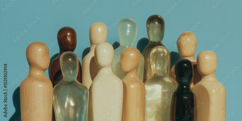 Poster Diversity and Inclusion Concept with Wooden and Resin Figurines in Row Highlighting Individual Uniqueness for Workplace Unity and Social Impact