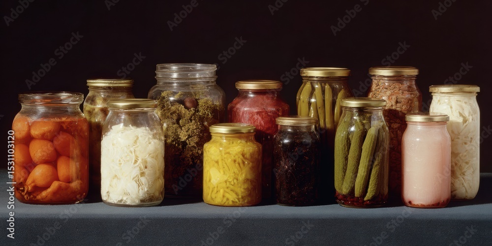 Poster transparent glass jars with various preserved foods arranged in orderly row on dark surface for sust