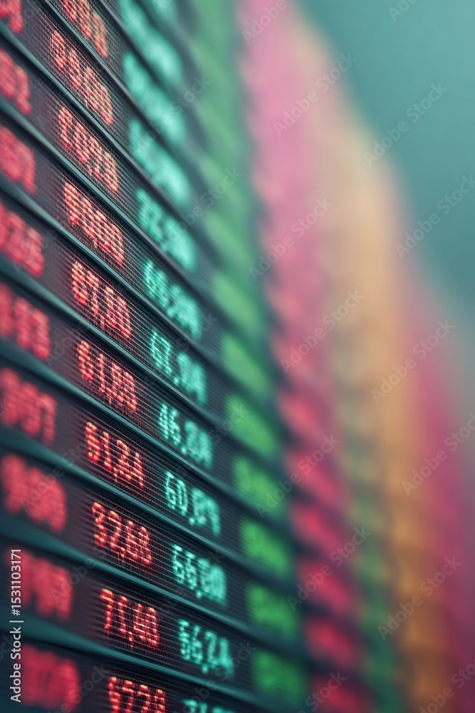 Poster stock ticker display with bold market quotes and dynamic financial data for real-time trading and in