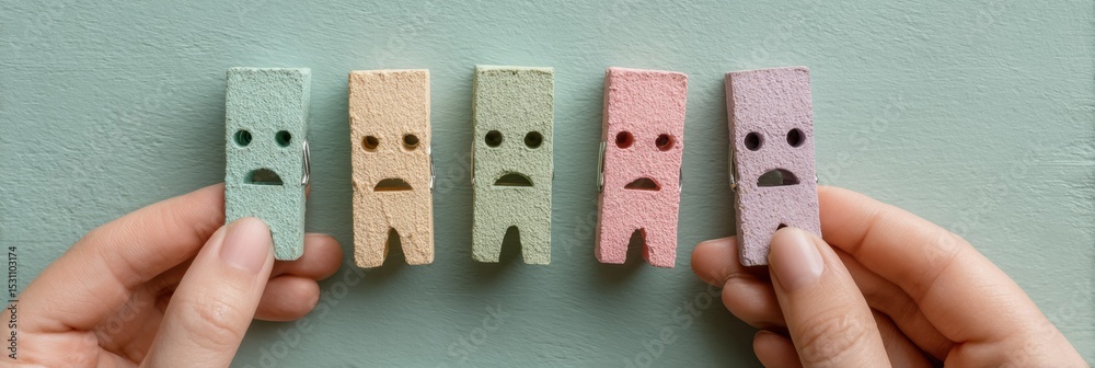 Poster pastel clothespins with expressive faces on minimalist background representing customer feedback and