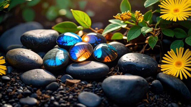 Polished labradorite gemstones arranged on smooth dark pebbles with bright yellow flowers and green foliage in a tranquil garden scene